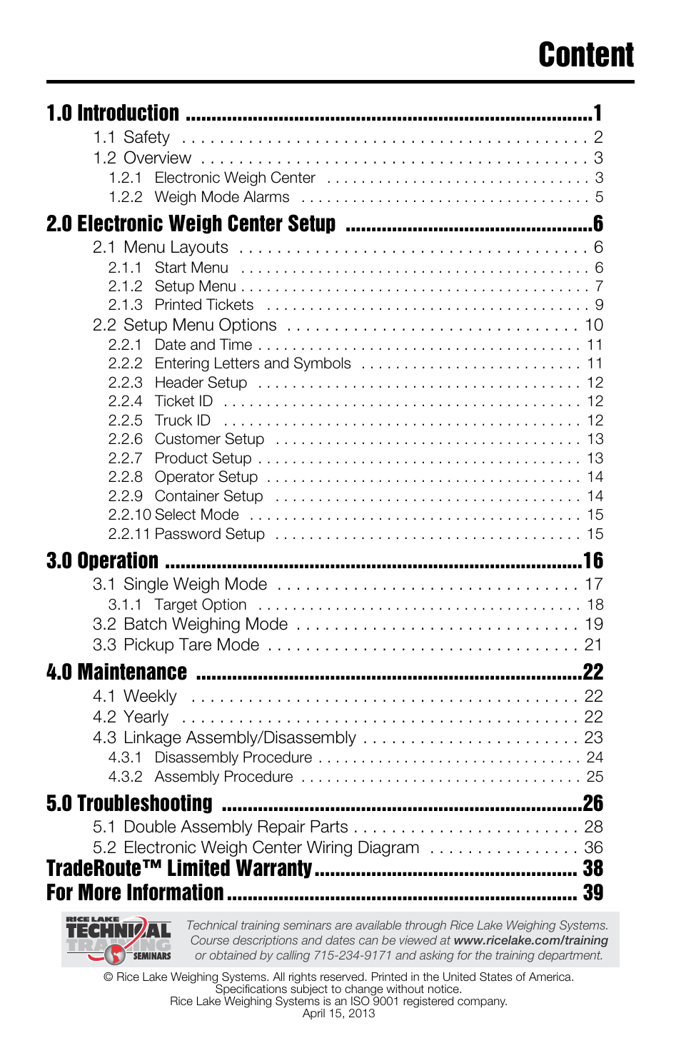 Content, 0 introduction, 0 electronic weigh center setup | 0 operation, 0 maintenance, 0 troubleshooting, Traderoute™ limited warranty for more information | Rice Lake TradeRoute HL Series - Operation Manual (Legal-for-Trade) User Manual | Page 3 / 48