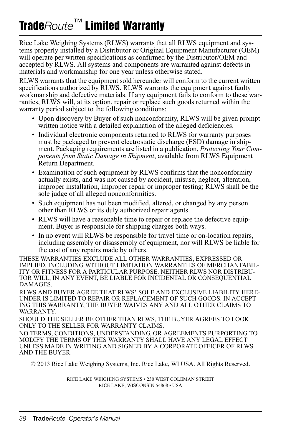 Traderoute™ limited warranty, Trade route, Limited warranty | Rice Lake TradeRoute HL Series - Operation Manual (Legal-for-Trade) User Manual | Page 42 / 48