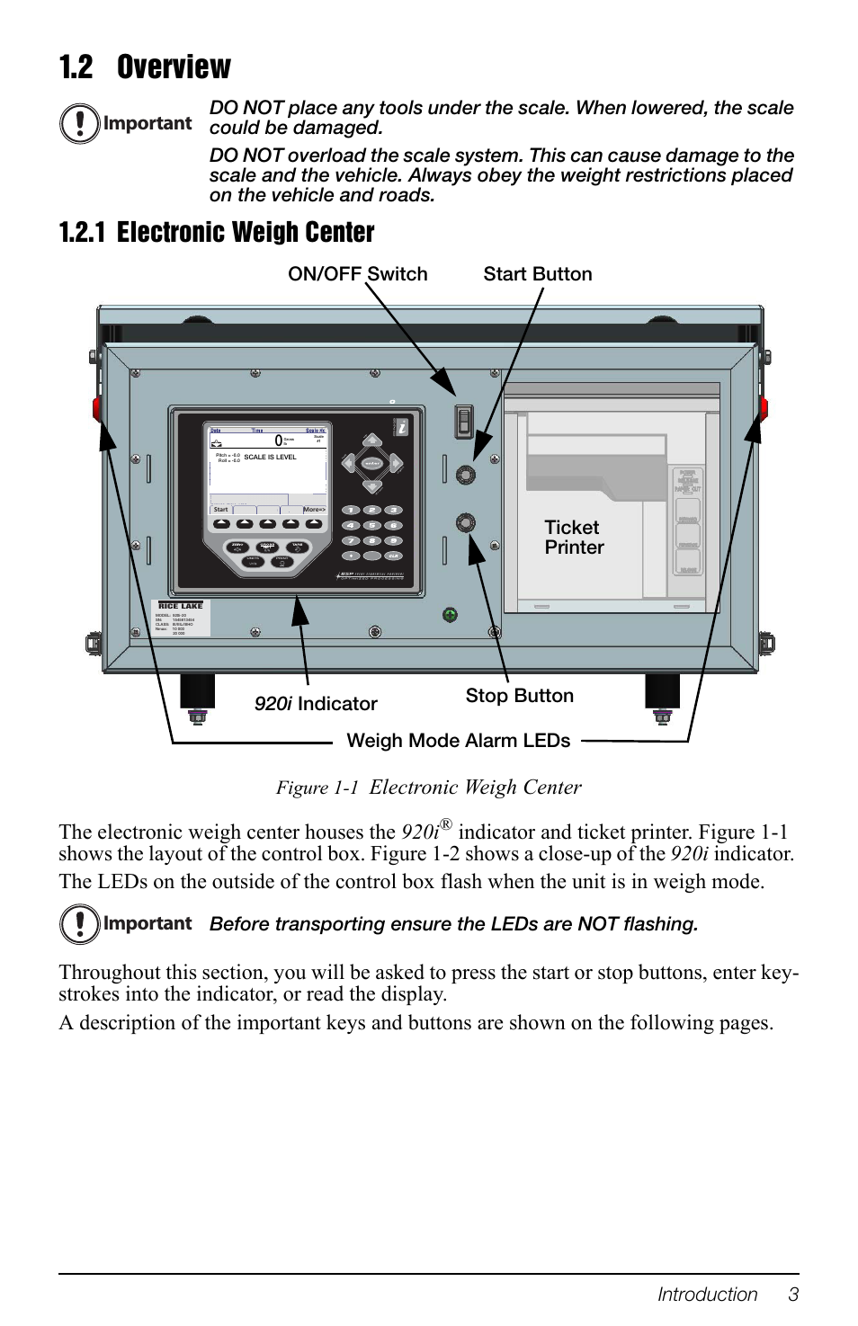 2 overview, 1 electronic weigh center, Important | Introduction 3, Figure 1-1 | Rice Lake TradeRoute HL Series - Operation Manual (Legal-for-Trade) User Manual | Page 7 / 48