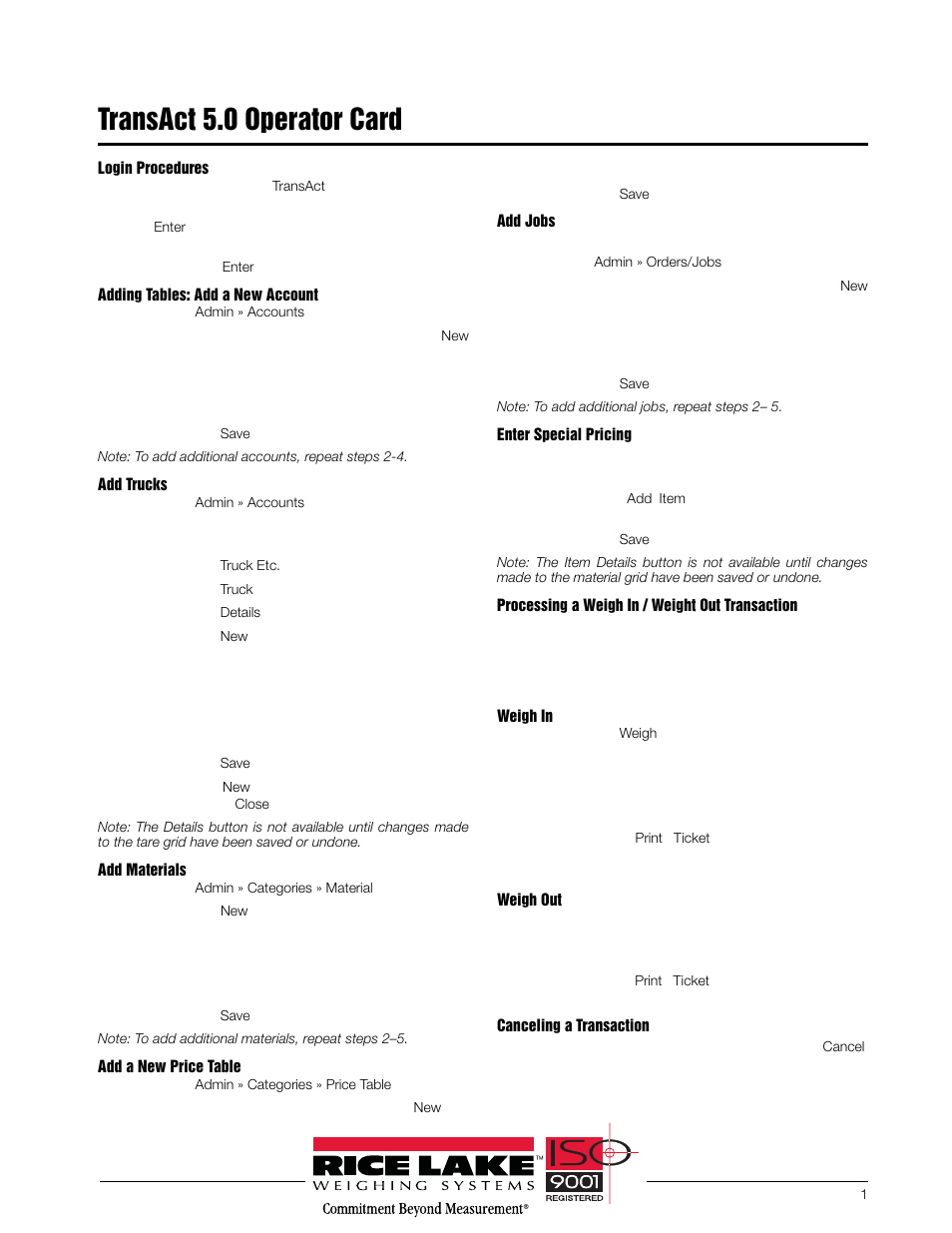 Rice Lake TransAct 5.0 - Operator Card User Manual | 2 pages