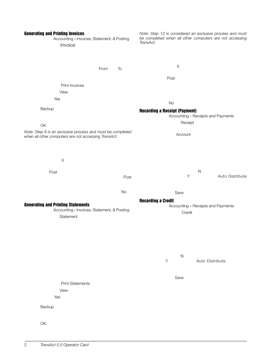 Generating and printing invoices, Generating and printing statements, Recording a receipt (payment) | Recording a credit | Rice Lake TransAct 5.0 - Operator Card User Manual | Page 2 / 2