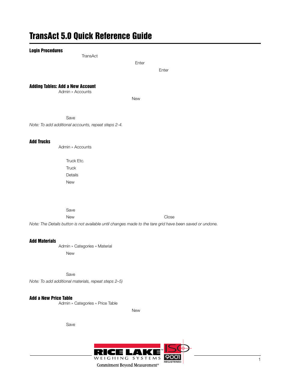 Rice Lake TransAct 5.0 - Quick Reference Guide User Manual | 6 pages