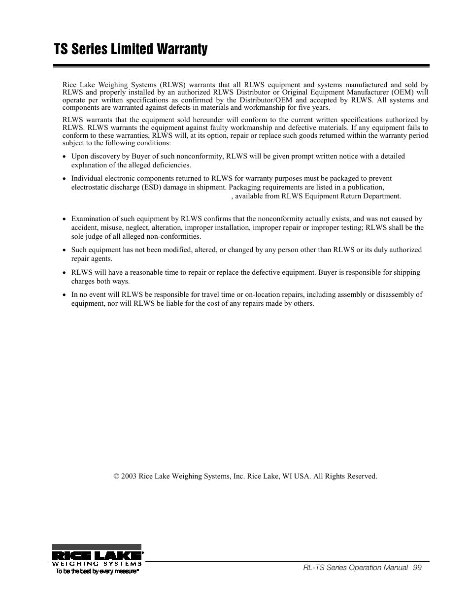 Ts series limited warranty | Rice Lake TS Series, Rice Lake Weighing Systems - Operation Manual User Manual | Page 103 / 104