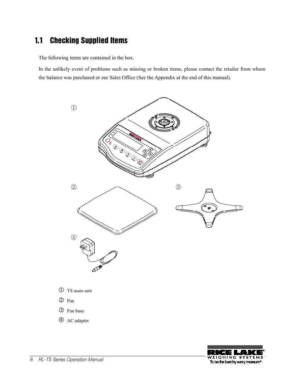 3b1.1 checking supplied items, 3b 1.1, Checking supplied items | 1 checking supplied items | Rice Lake TS Series, Rice Lake Weighing Systems - Operation Manual User Manual | Page 12 / 104