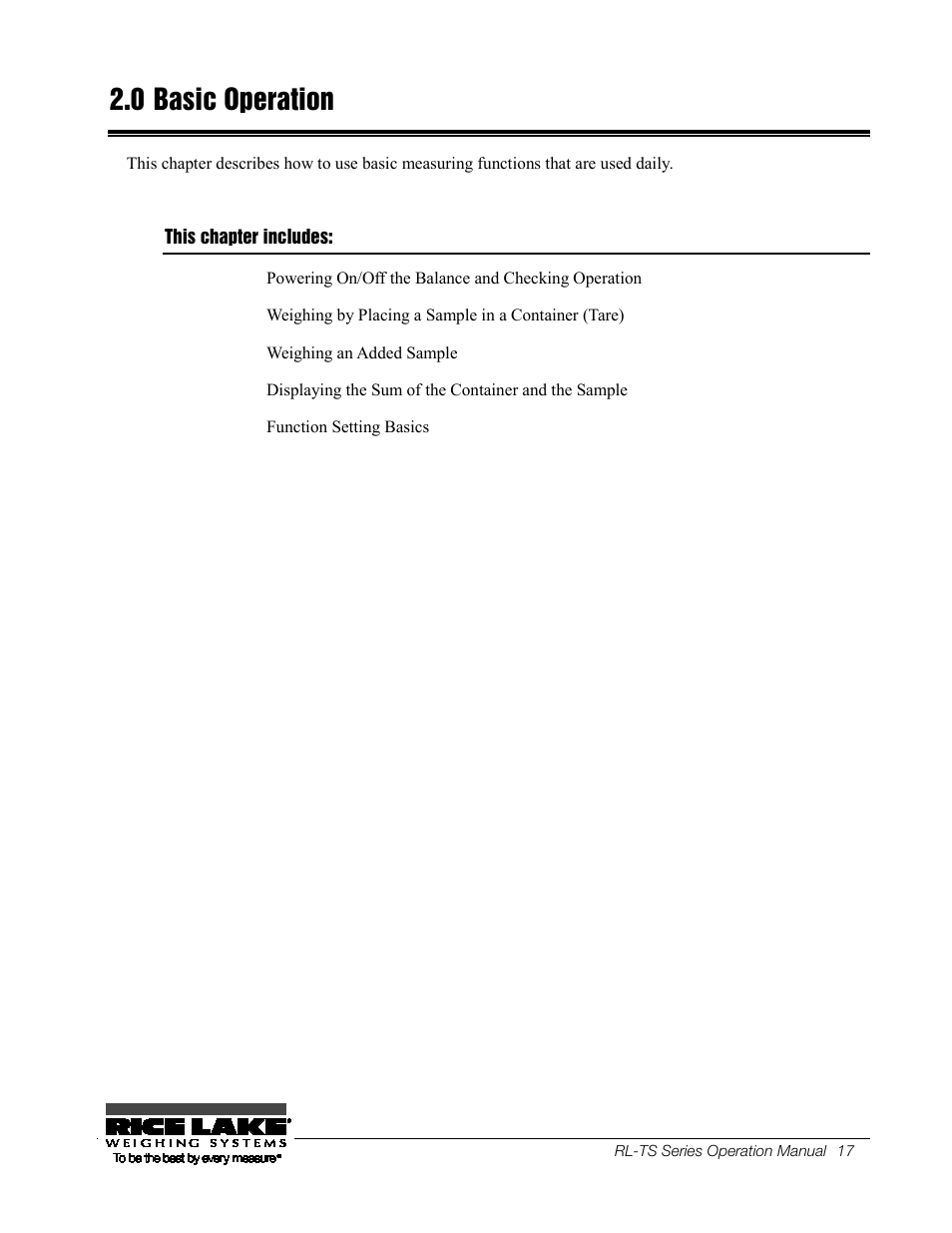 0 basic operation, This chapter includes, Basic operation | Rice Lake TS Series, Rice Lake Weighing Systems - Operation Manual User Manual | Page 21 / 104