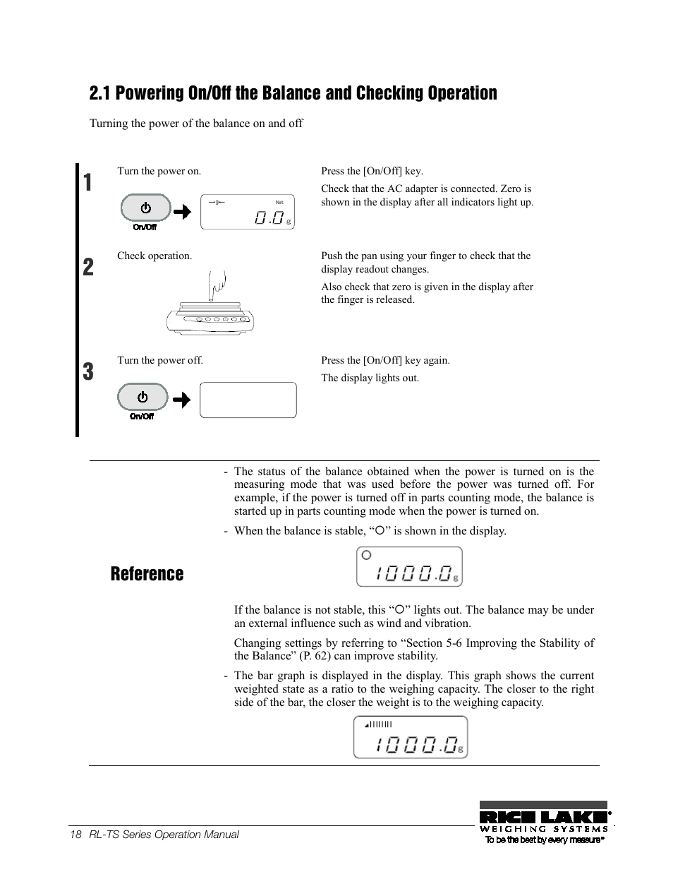 8b 2.1, Powering on/off the balance and checking, Operation | Reference | Rice Lake TS Series, Rice Lake Weighing Systems - Operation Manual User Manual | Page 22 / 104