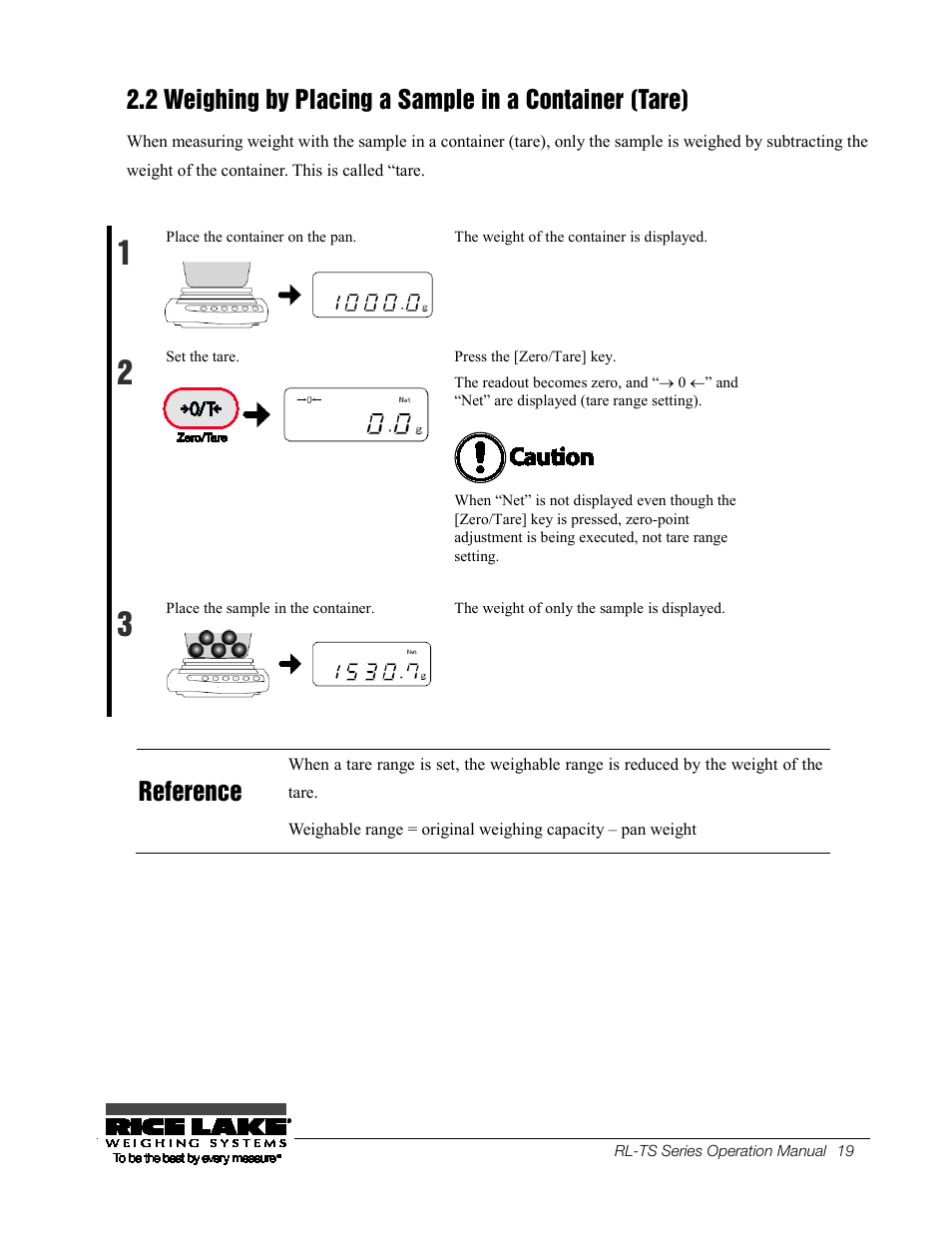 9b 2.2, Weighing by placing a sample in a container, Tare) | Reference | Rice Lake TS Series, Rice Lake Weighing Systems - Operation Manual User Manual | Page 23 / 104