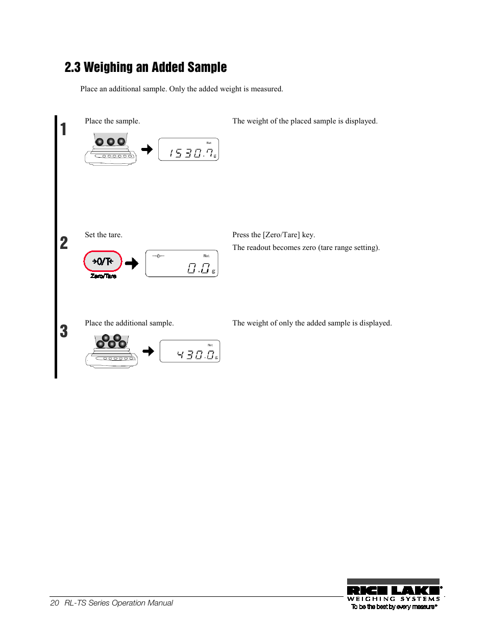 10b2.3 weighing an added sample, 10b 2.3, Weighing an added sample | 3 weighing an added sample | Rice Lake TS Series, Rice Lake Weighing Systems - Operation Manual User Manual | Page 24 / 104