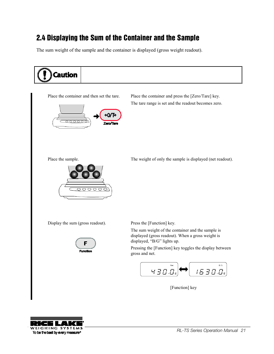 11b 2.4, Displaying the sum of the container and the, Sample | Rice Lake TS Series, Rice Lake Weighing Systems - Operation Manual User Manual | Page 25 / 104