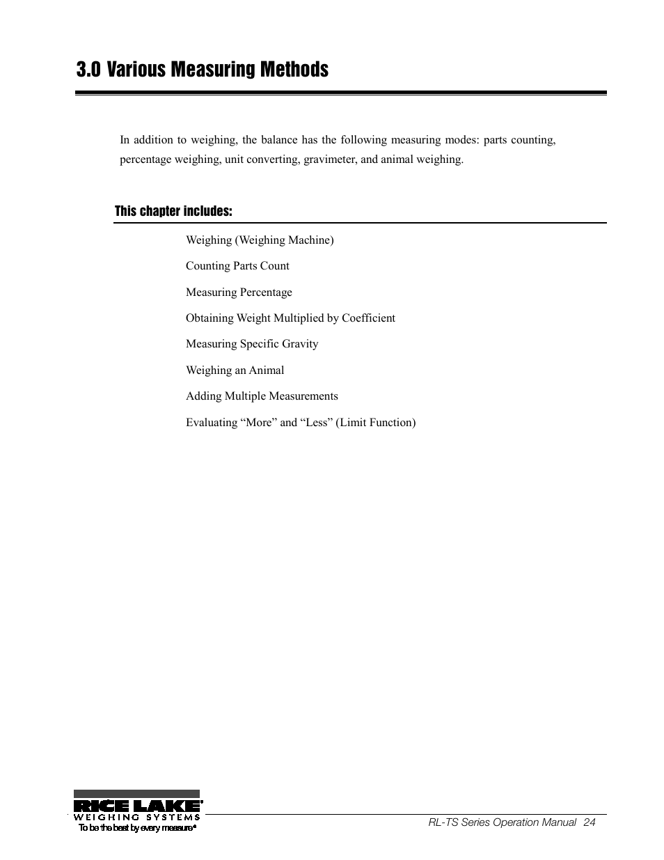 0 various measuring methods, This chapter includes, Various measuring methods | Rice Lake TS Series, Rice Lake Weighing Systems - Operation Manual User Manual | Page 28 / 104