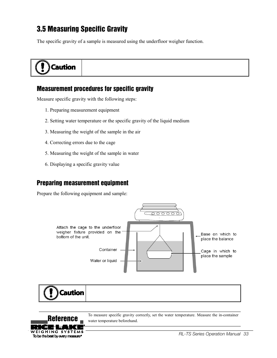 46bmeasurement procedures for specific gravity, 47bpreparing measurement equipment, 46b measurement procedures for specific gravity | 47b preparing measurement equipment, 5 measuring specific gravity, Reference, Measurement procedures for specific gravity, Preparing measurement equipment | Rice Lake TS Series, Rice Lake Weighing Systems - Operation Manual User Manual | Page 37 / 104