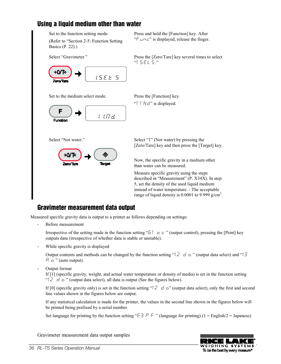 49busing a liquid medium other than water, 50bgravimeter measurement data output, 49b using a liquid medium other than water | 50b gravimeter measurement data output, Using a liquid medium other than water, Gravimeter measurement data output | Rice Lake TS Series, Rice Lake Weighing Systems - Operation Manual User Manual | Page 40 / 104