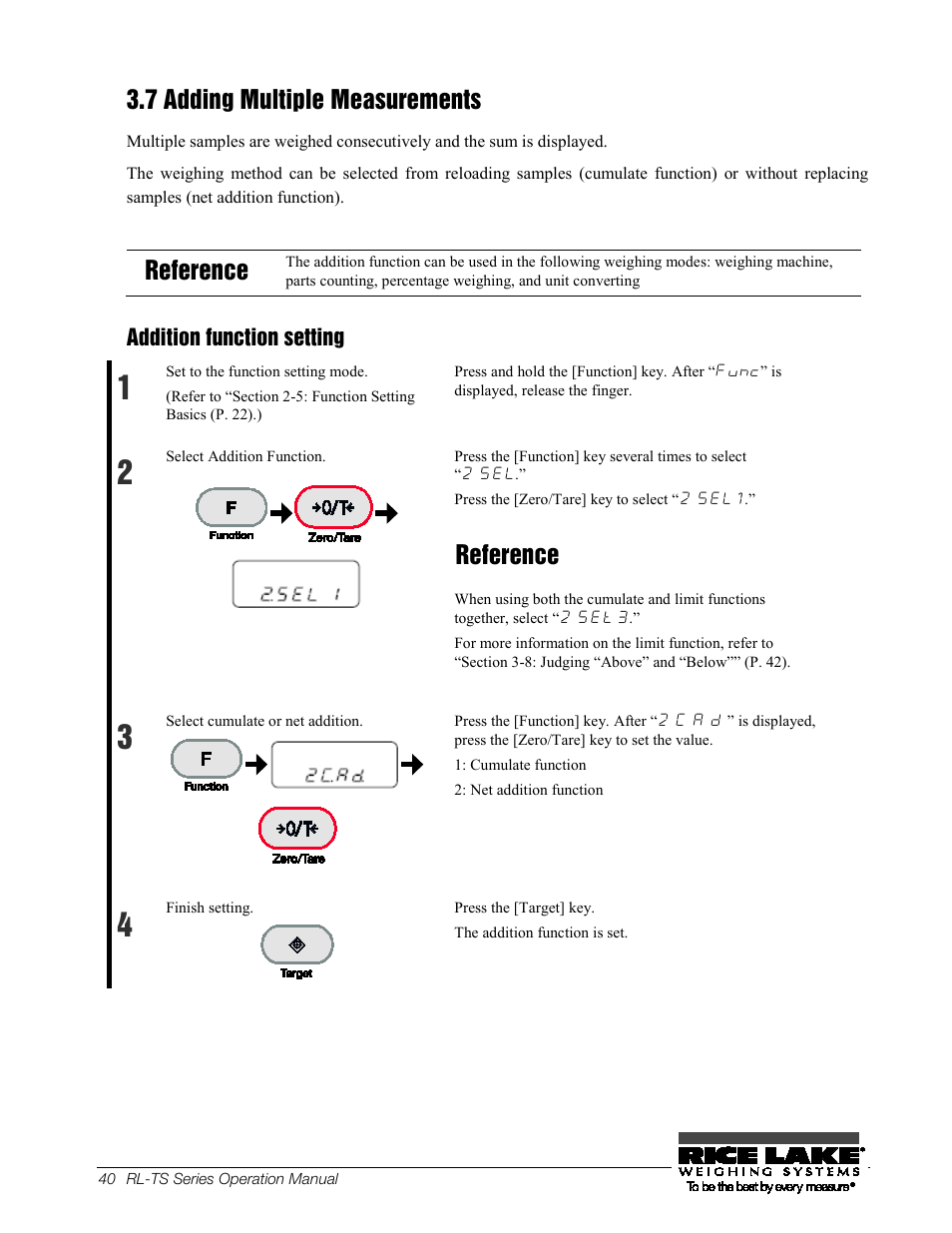 51baddition function setting, 51b addition function setting, 7 adding multiple measurements | Reference, Addition function setting | Rice Lake TS Series, Rice Lake Weighing Systems - Operation Manual User Manual | Page 44 / 104