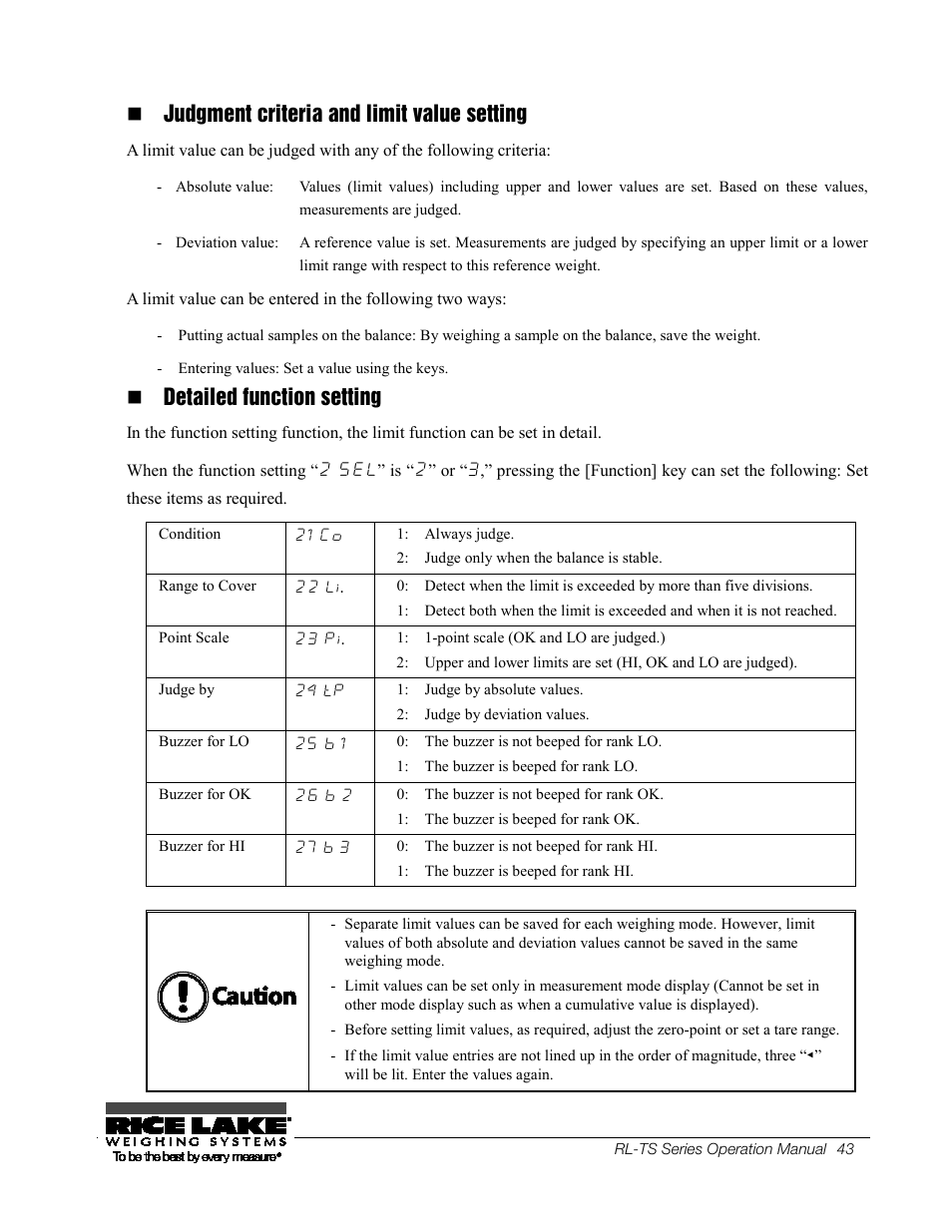 71b( judgment criteria and limit value setting, 72b( detailed function setting, Judgment criteria and limit value setting | Detailed function setting | Rice Lake TS Series, Rice Lake Weighing Systems - Operation Manual User Manual | Page 47 / 104