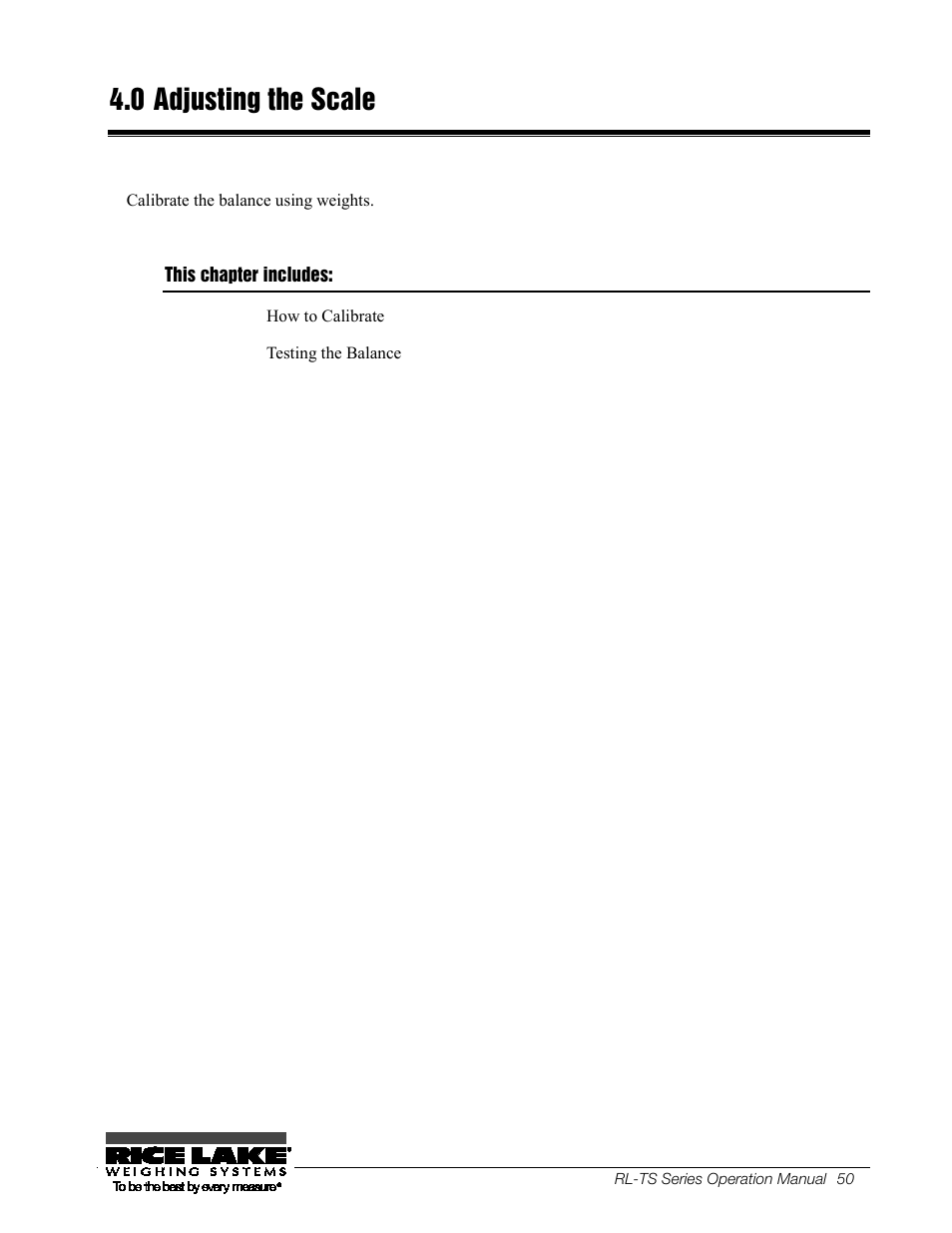 0 adjusting the scale, This chapter includes, Adjusting the scale | Rice Lake TS Series, Rice Lake Weighing Systems - Operation Manual User Manual | Page 54 / 104