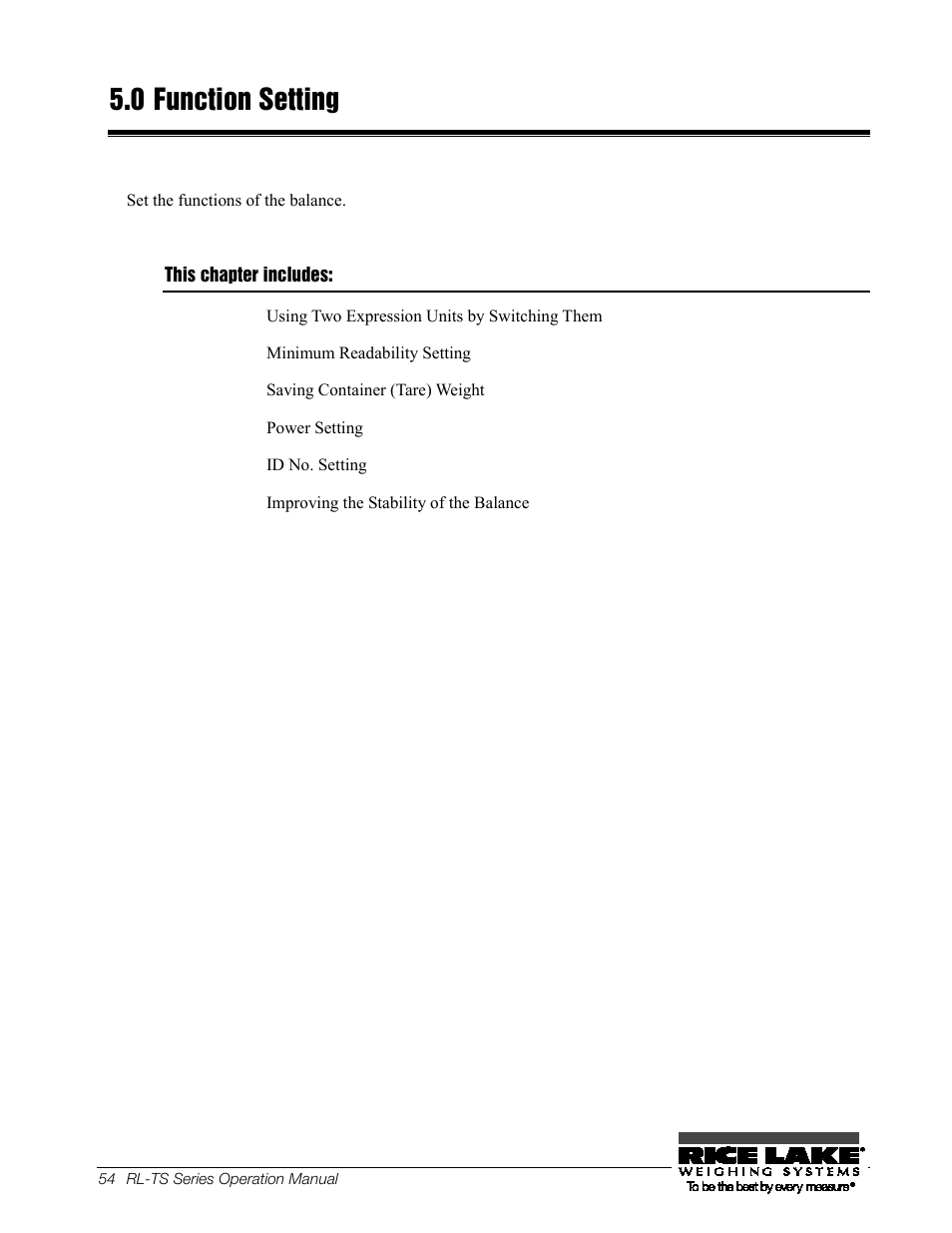 0 function setting, This chapter includes, Function setting | Rice Lake TS Series, Rice Lake Weighing Systems - Operation Manual User Manual | Page 58 / 104