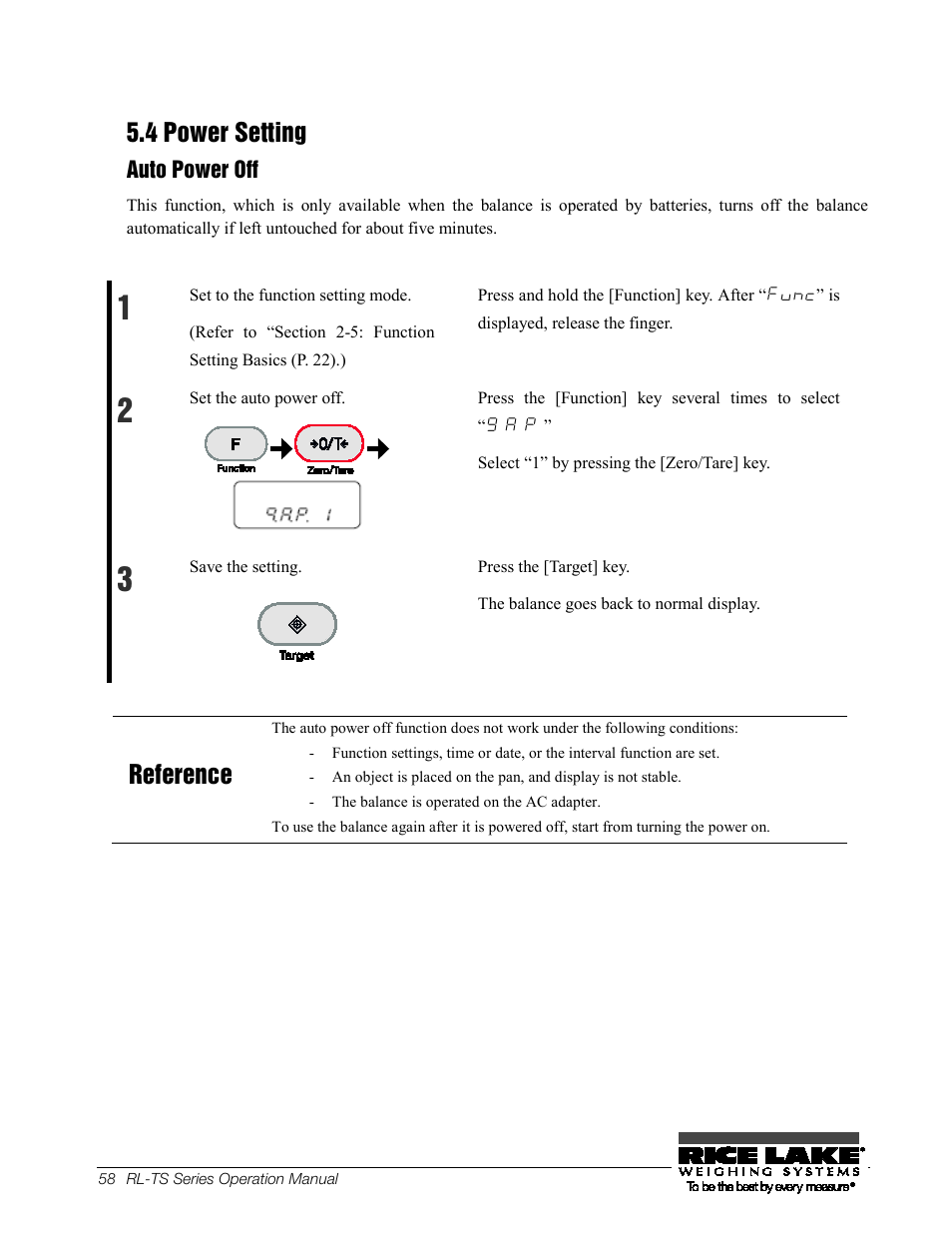 26b5.4 power setting, 56bauto power off, 26b 5.4 | Power setting, 56b auto power off, 4 power setting, Reference | Rice Lake TS Series, Rice Lake Weighing Systems - Operation Manual User Manual | Page 62 / 104