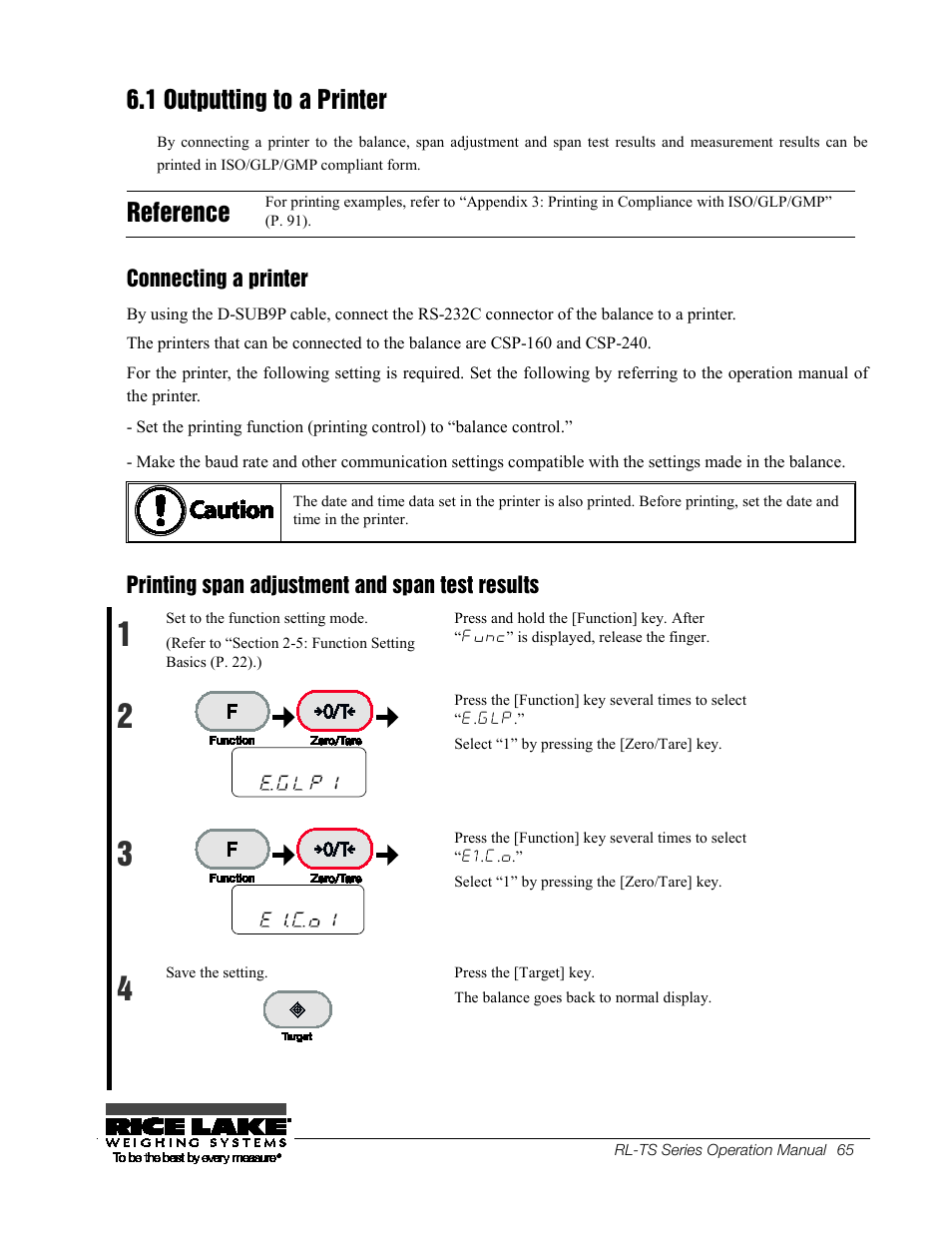 29b6.1 outputting to a printer, 58bconnecting a printer, 59bprinting span adjustment and span test results | 29b 6.1, Outputting to a printer, 58b connecting a printer, 1 outputting to a printer, Reference, Connecting a printer, Printing span adjustment and span test results | Rice Lake TS Series, Rice Lake Weighing Systems - Operation Manual User Manual | Page 69 / 104