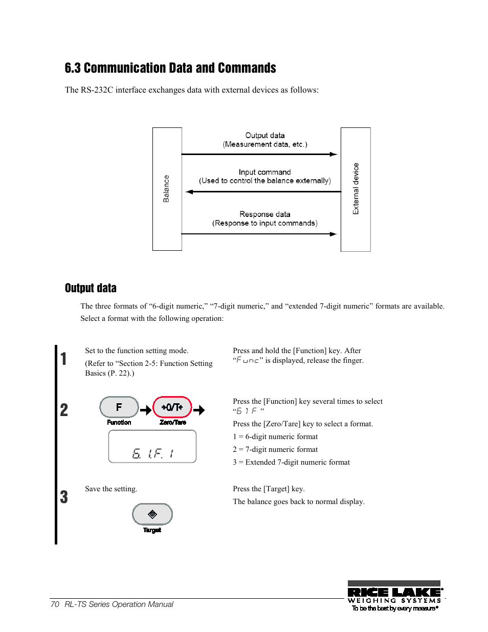 31b6.3 communication data and commands, 64boutput data, 31b 6.3 | Communication data and commands, 64b output data, 3 communication data and commands, Output data | Rice Lake TS Series, Rice Lake Weighing Systems - Operation Manual User Manual | Page 74 / 104