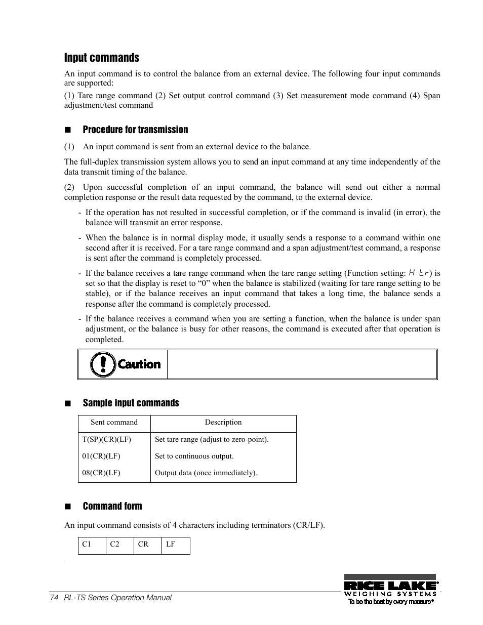65binput commands, 79b( procedure for transmission, 80b( sample input commands | 81b( command form, 82b ( command format, 65b input commands, Input commands | Rice Lake TS Series, Rice Lake Weighing Systems - Operation Manual User Manual | Page 78 / 104