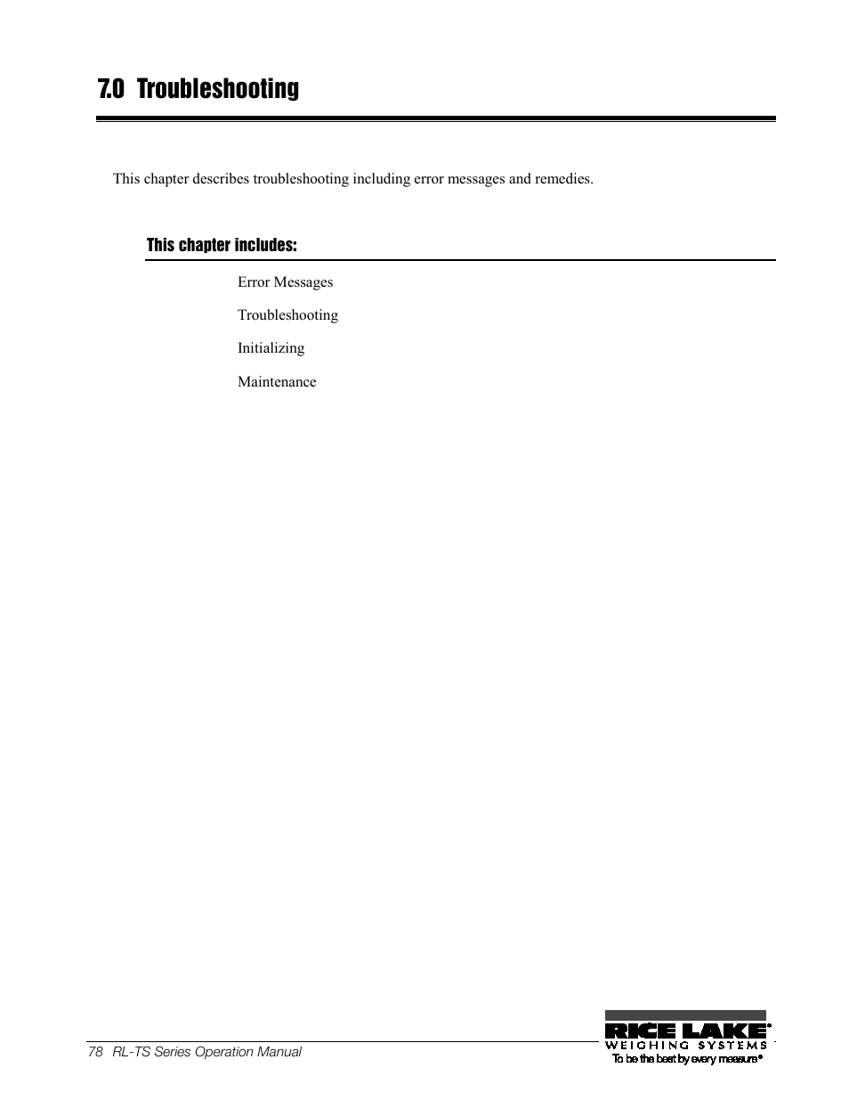 0 troubleshooting, This chapter includes, Troubleshooting | Rice Lake TS Series, Rice Lake Weighing Systems - Operation Manual User Manual | Page 82 / 104