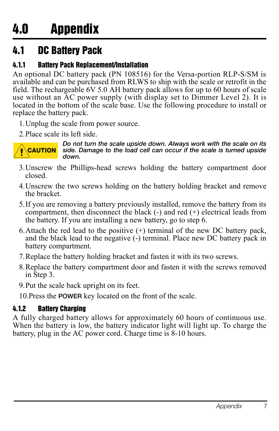 0 appendix, 1 dc battery pack, 1 battery pack replacement/installation | 2 battery charging, Appendix, Dc battery pack | Rice Lake Versa-portion, Rice Lake Weighing Systems User Manual | Page 13 / 18