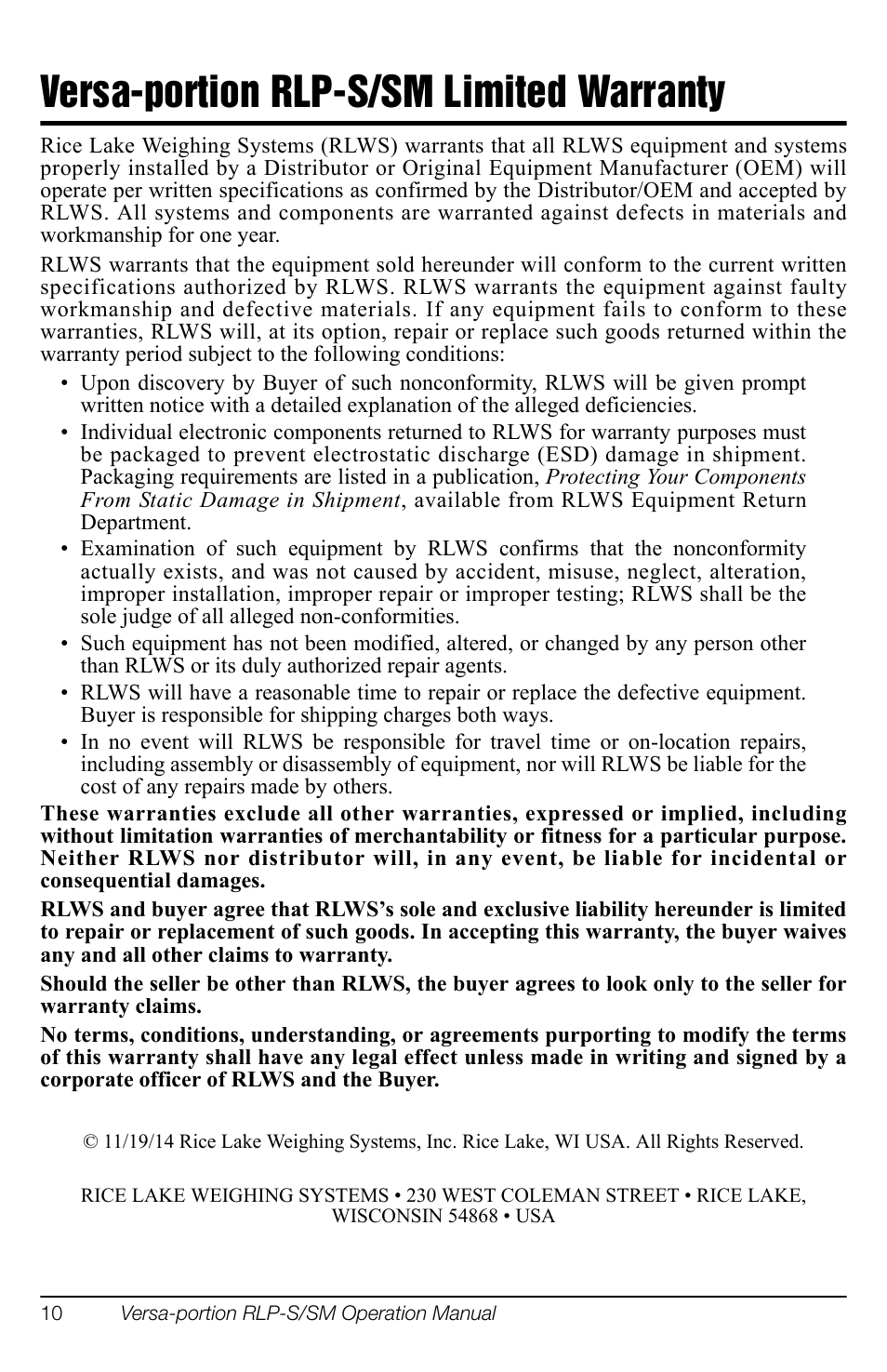 Versa-portion rlp-s/sm limited warranty | Rice Lake Versa-portion, Rice Lake Weighing Systems User Manual | Page 16 / 18