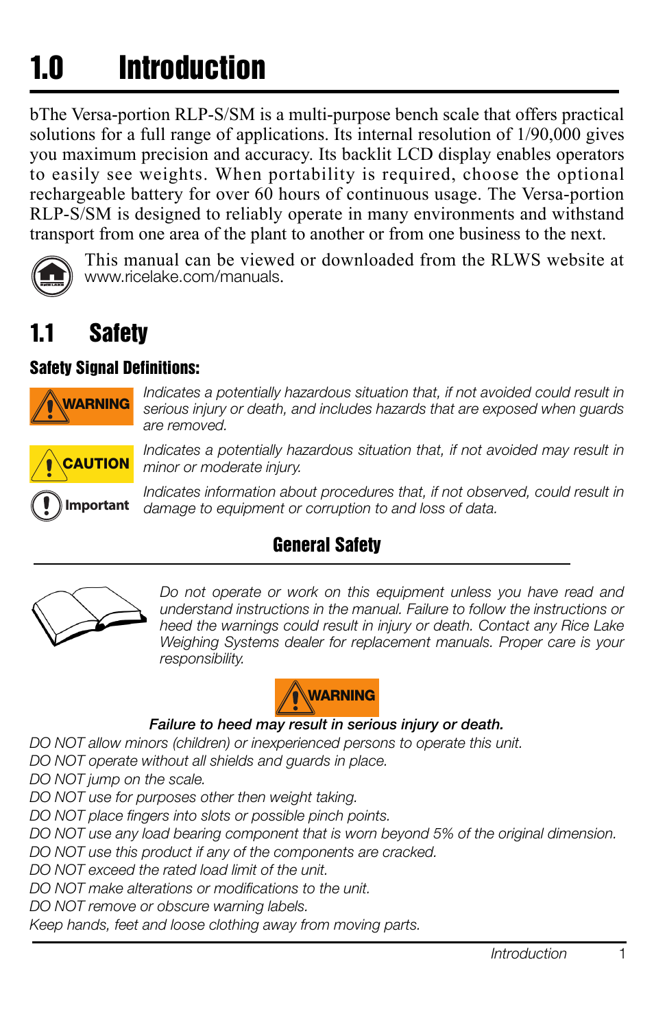 0 introduction, 1 safety, About this manual | Rice Lake Versa-portion, Rice Lake Weighing Systems User Manual | Page 5 / 18