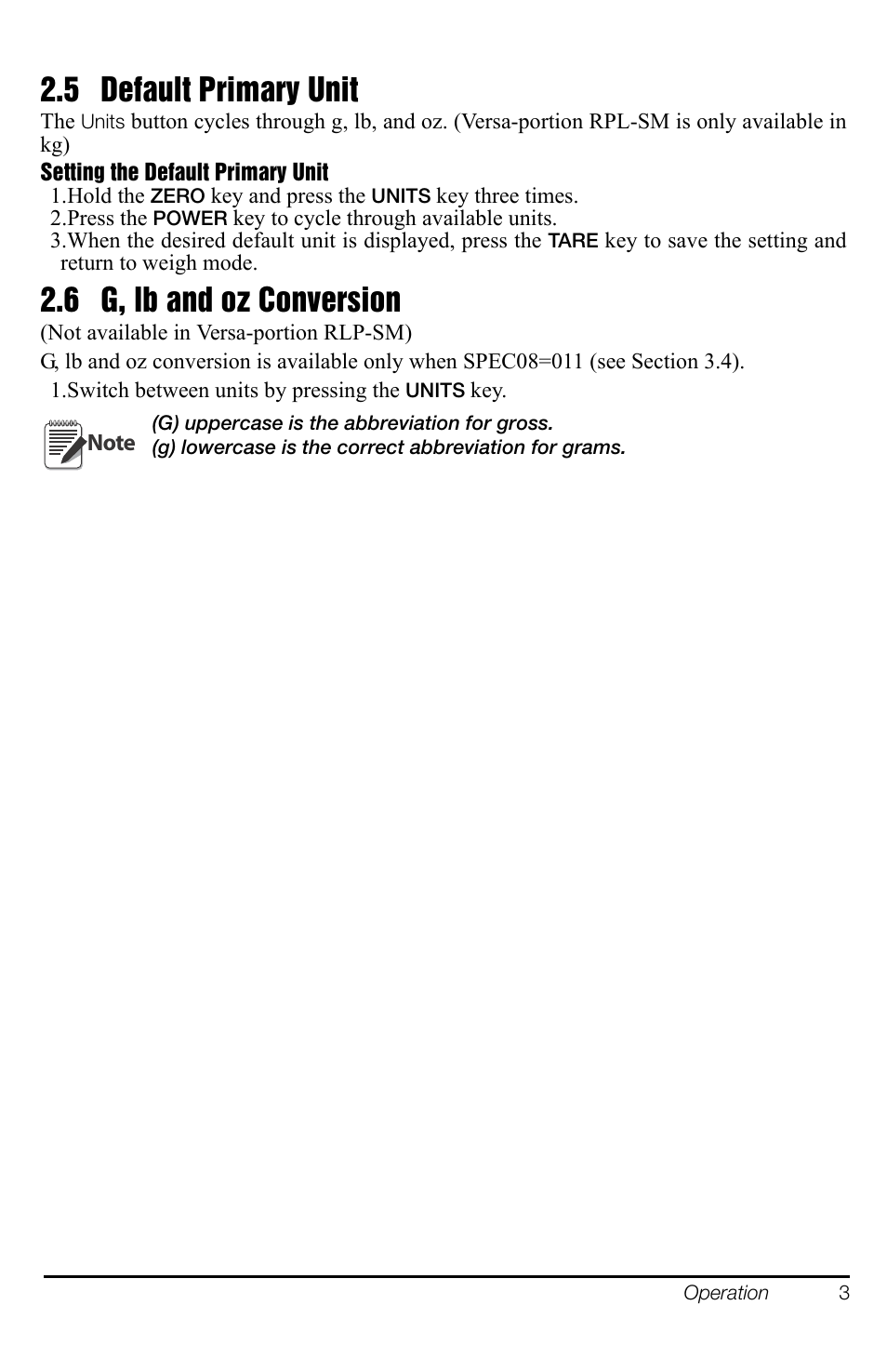 5 default primary unit, 6 g, lb and oz conversion, Default primary unit g, lb and oz conversion | Rice Lake Versa-portion, Rice Lake Weighing Systems User Manual | Page 8 / 18