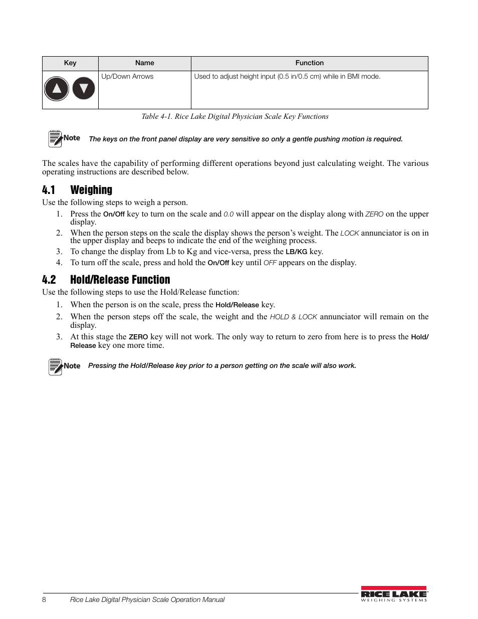 1 weighing, 2 hold/release function, 1 weighing 4.2 hold/release function | Rice Lake Waist Level Digital Physician Scales (150-10-6) - Operation and Setup Manual User Manual | Page 12 / 22