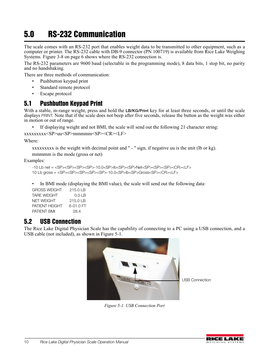 0 rs-232 communication, 1 pushbutton keypad print, 2 usb connection | Rs-232 communication, 1 pushbutton keypad print 5.2 usb connection | Rice Lake Waist Level Digital Physician Scales (150-10-6) - Operation and Setup Manual User Manual | Page 14 / 22