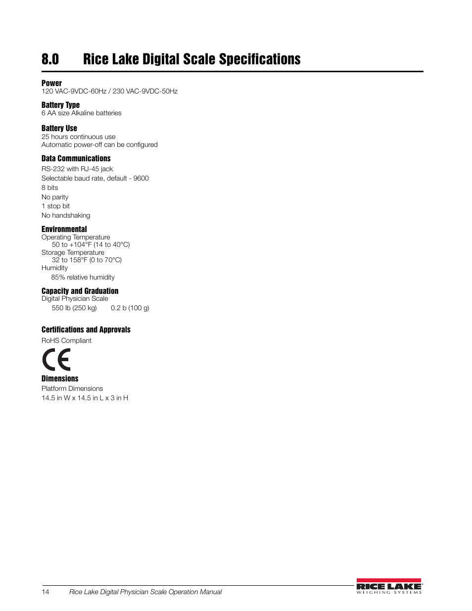 0 rice lake digital scale specifications, Rice lake digital scale specifications | Rice Lake Waist Level Digital Physician Scales (150-10-6) - Operation and Setup Manual User Manual | Page 18 / 22