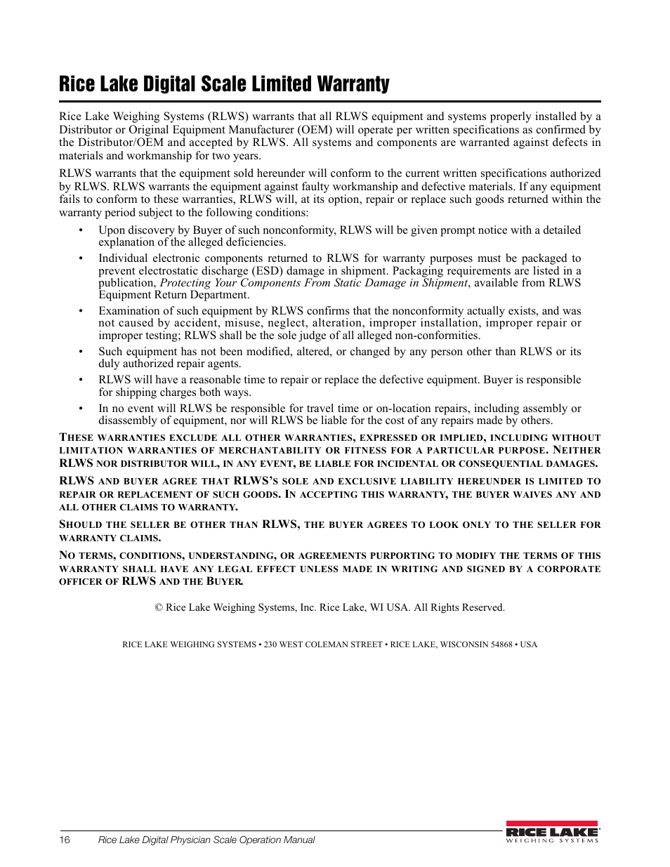 Rice lake digital scale limited warranty | Rice Lake Waist Level Digital Physician Scales (150-10-6) - Operation and Setup Manual User Manual | Page 20 / 22