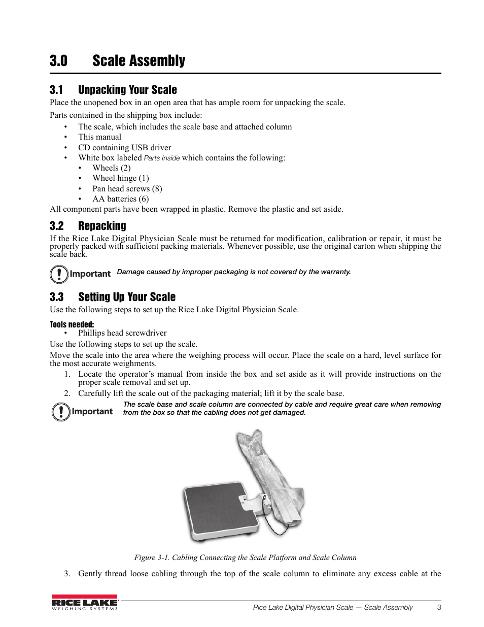 0 scale assembly, 1 unpacking your scale, 2 repacking | 3 setting up your scale, Scale assembly | Rice Lake Waist Level Digital Physician Scales (150-10-6) - Operation and Setup Manual User Manual | Page 7 / 22