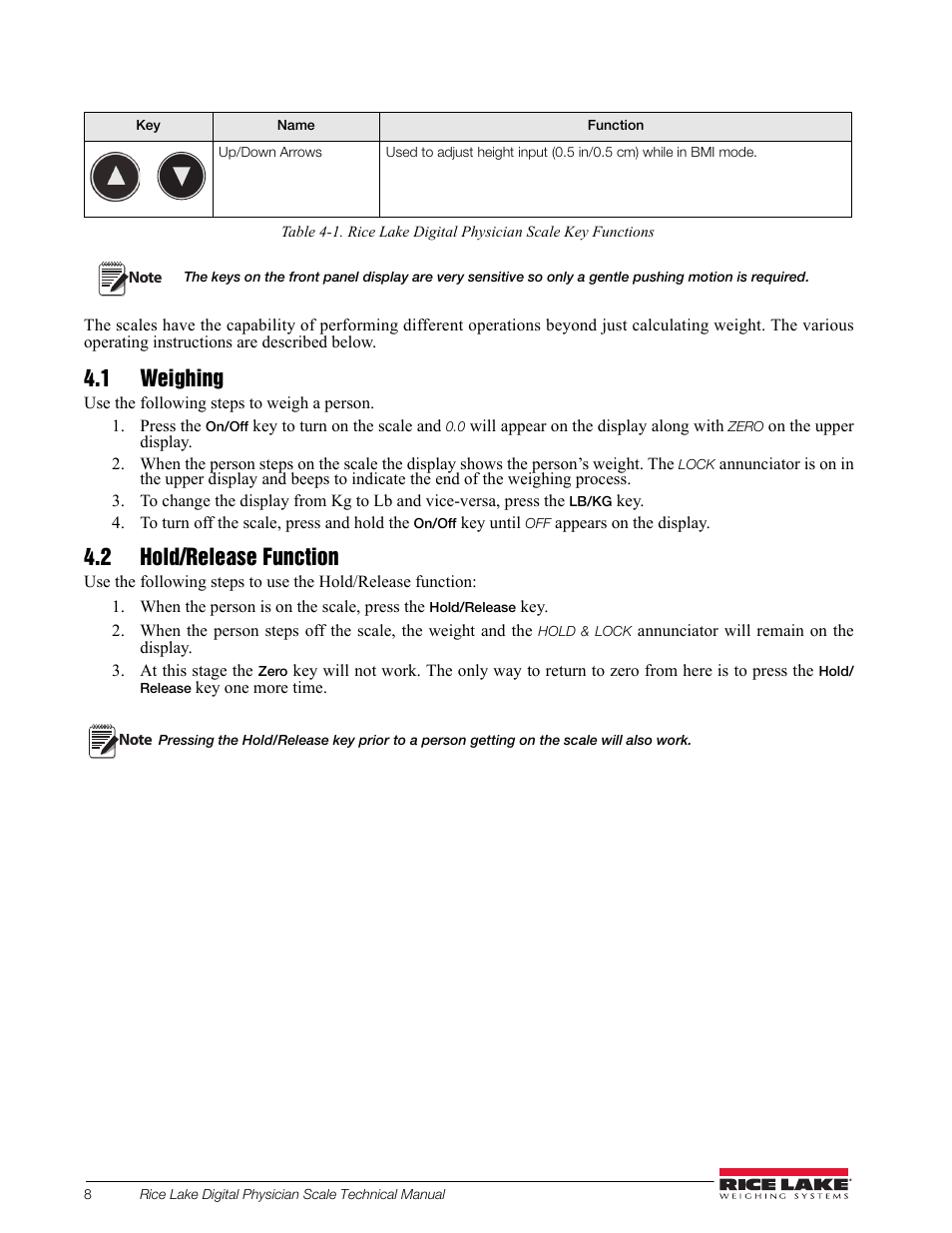 1 weighing, 2 hold/release function, 1 weighing 4.2 hold/release function | Rice Lake Waist Level Digital Physician Scales (150-10-6) - Technical and Operation Manual User Manual | Page 12 / 34