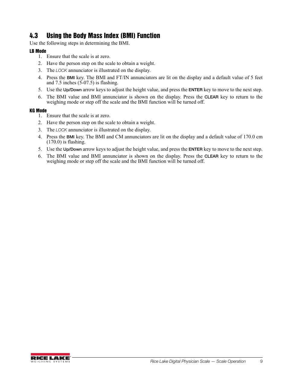 3 using the body mass index (bmi) function | Rice Lake Waist Level Digital Physician Scales (150-10-6) - Technical and Operation Manual User Manual | Page 13 / 34