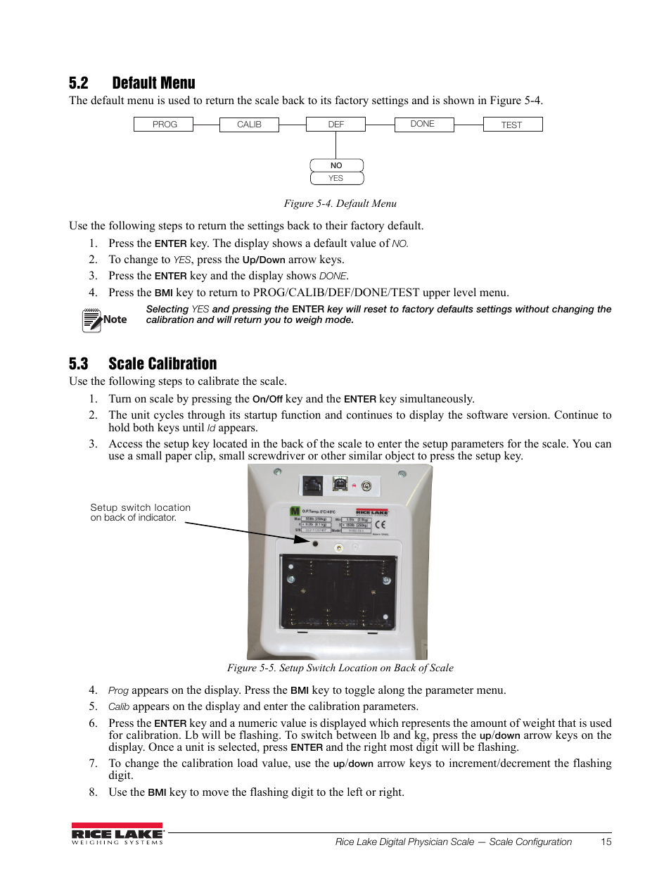2 default menu, 3 scale calibration, 2 default menu 5.3 scale calibration | Rice Lake Waist Level Digital Physician Scales (150-10-6) - Technical and Operation Manual User Manual | Page 19 / 34