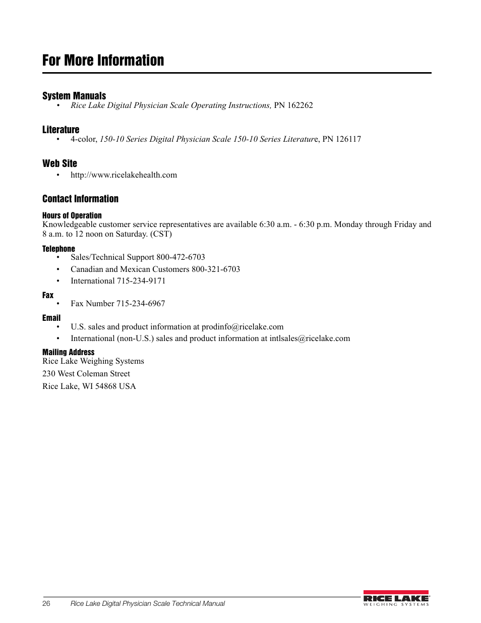 For more information | Rice Lake Waist Level Digital Physician Scales (150-10-6) - Technical and Operation Manual User Manual | Page 30 / 34