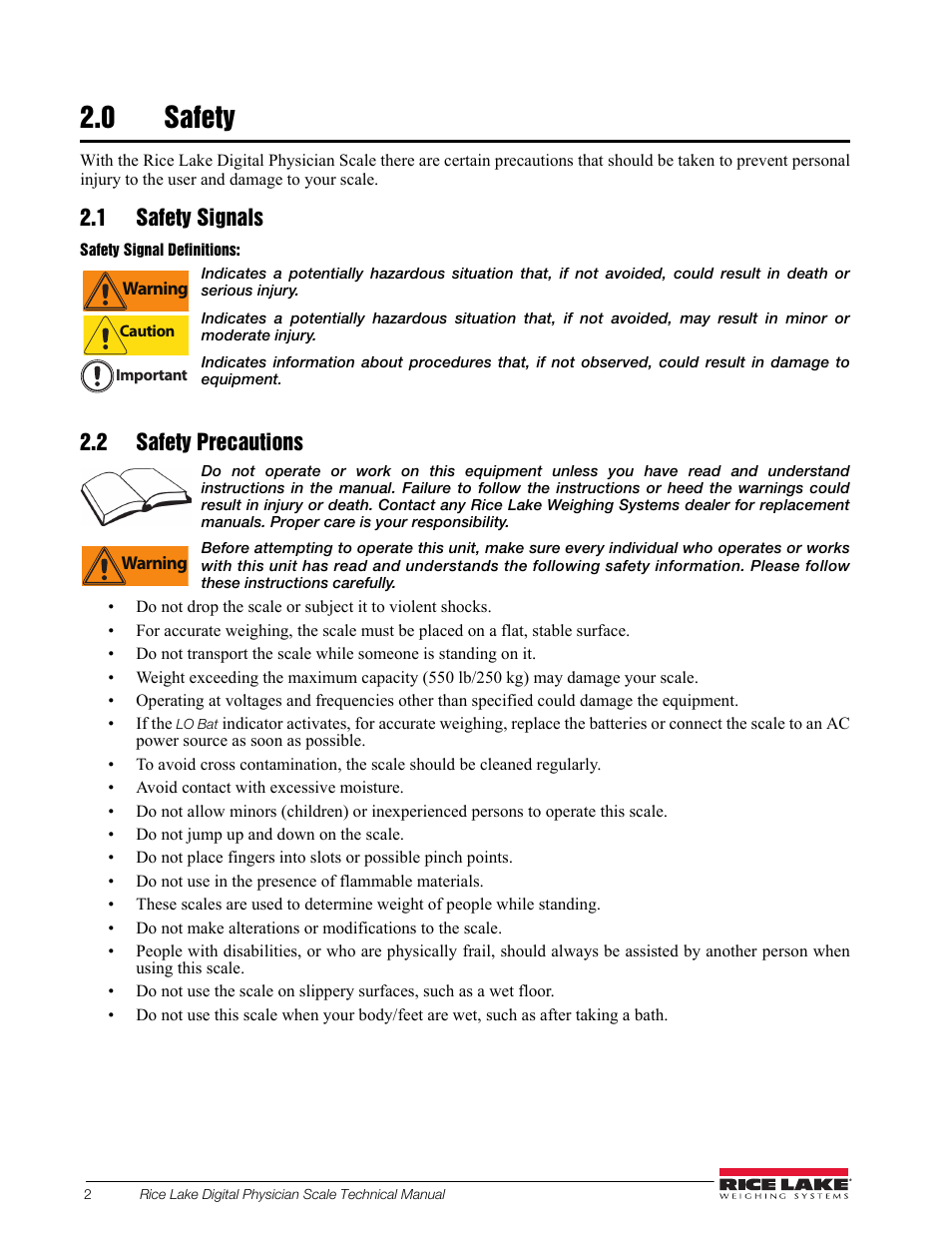 0 safety, 1 safety signals, 2 safety precautions | Safety | Rice Lake Waist Level Digital Physician Scales (150-10-6) - Technical and Operation Manual User Manual | Page 6 / 34
