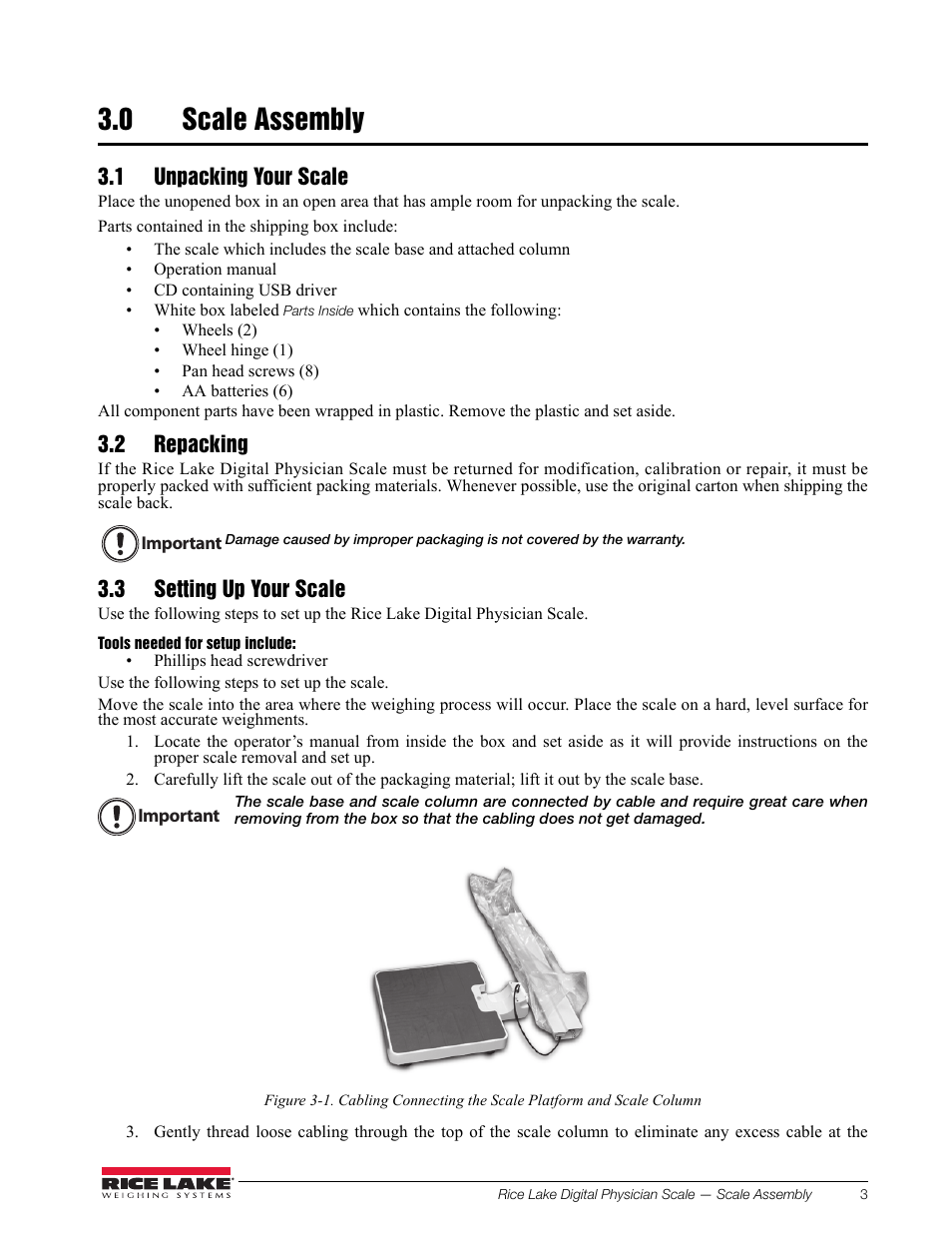 0 scale assembly, 1 unpacking your scale, 2 repacking | 3 setting up your scale, Scale assembly | Rice Lake Waist Level Digital Physician Scales (150-10-6) - Technical and Operation Manual User Manual | Page 7 / 34