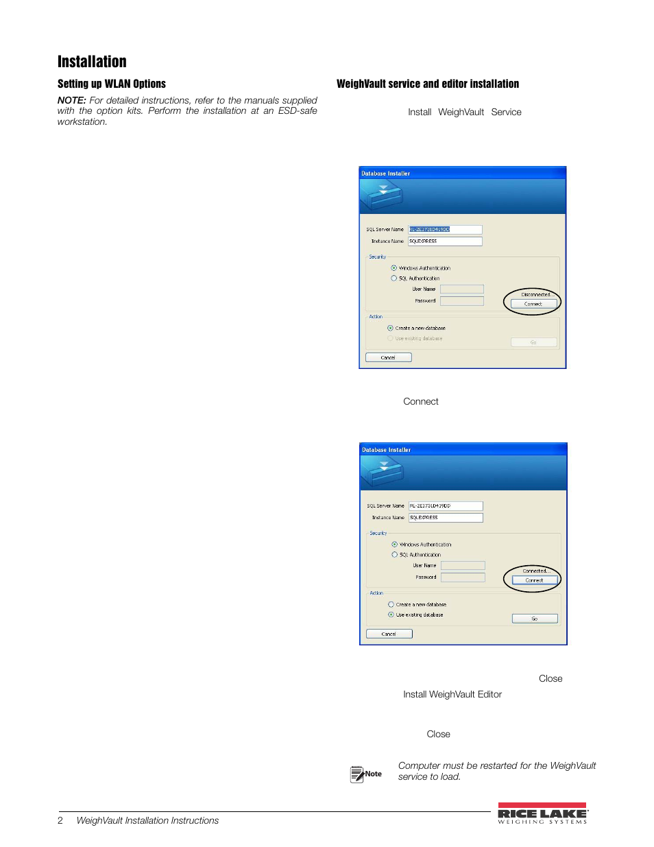 Installation, Setting up wlan options, Weighvault service and editor installation | Rice Lake WeighVault for Counterpart User Manual | Page 2 / 5