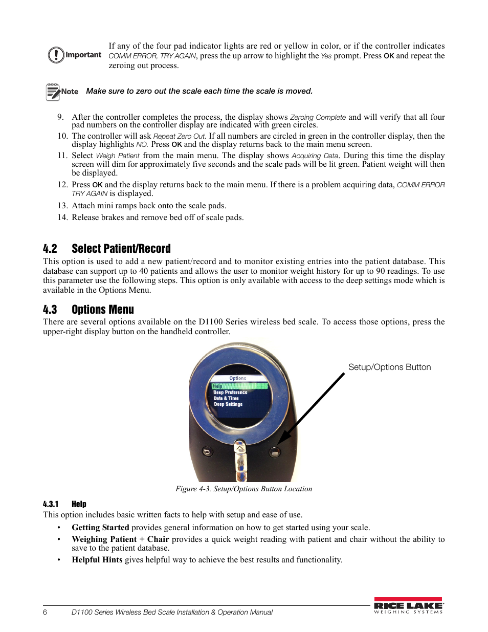 2 select patient/record, 3 options menu, 1 help | 2 select patient/record 4.3 options menu, Help | Rice Lake Wireless Bed Scale D1100 Series User Manual | Page 10 / 14