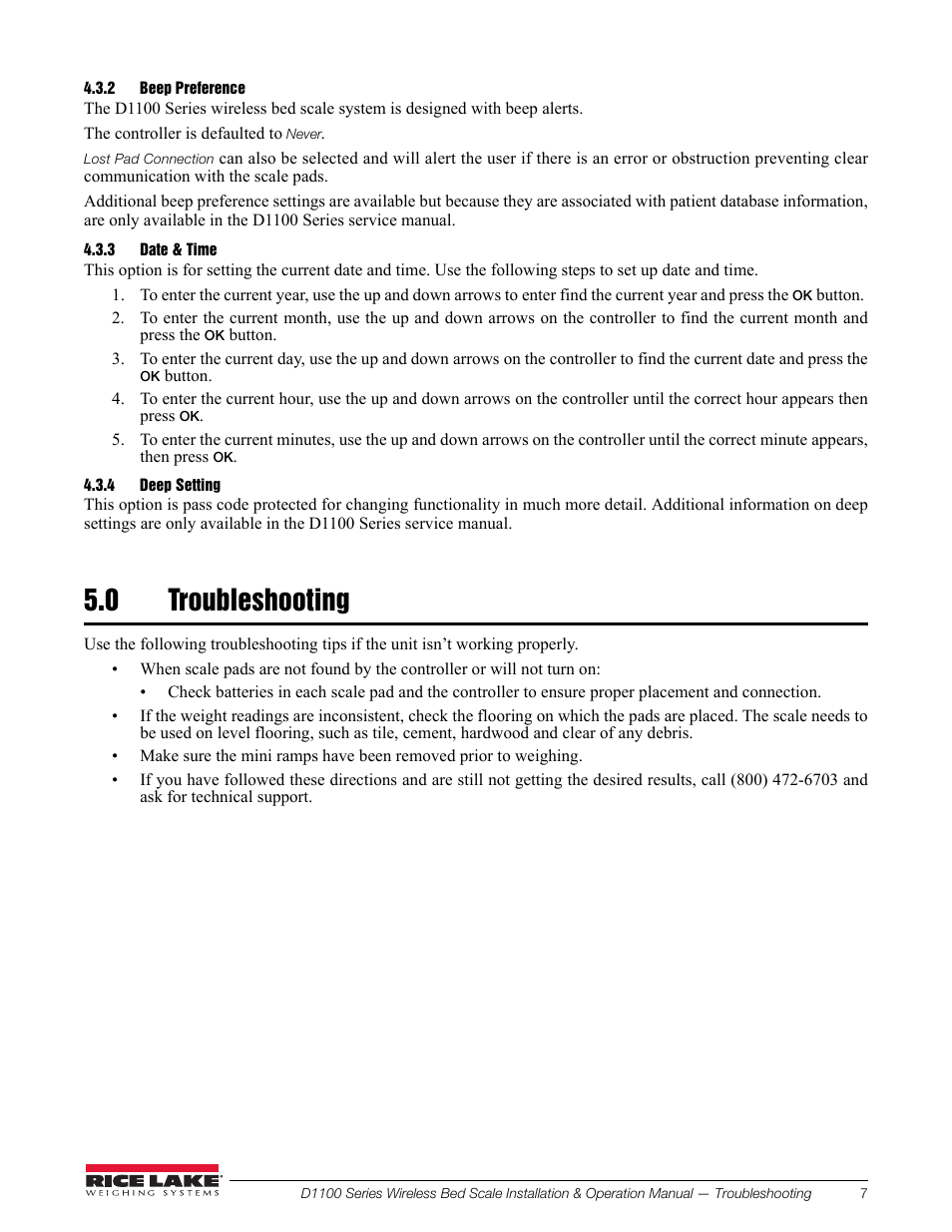 2 beep preference, 3 date & time, 4 deep setting | 0 troubleshooting, Beep preference, Date & time, Deep setting, Troubleshooting | Rice Lake Wireless Bed Scale D1100 Series User Manual | Page 11 / 14