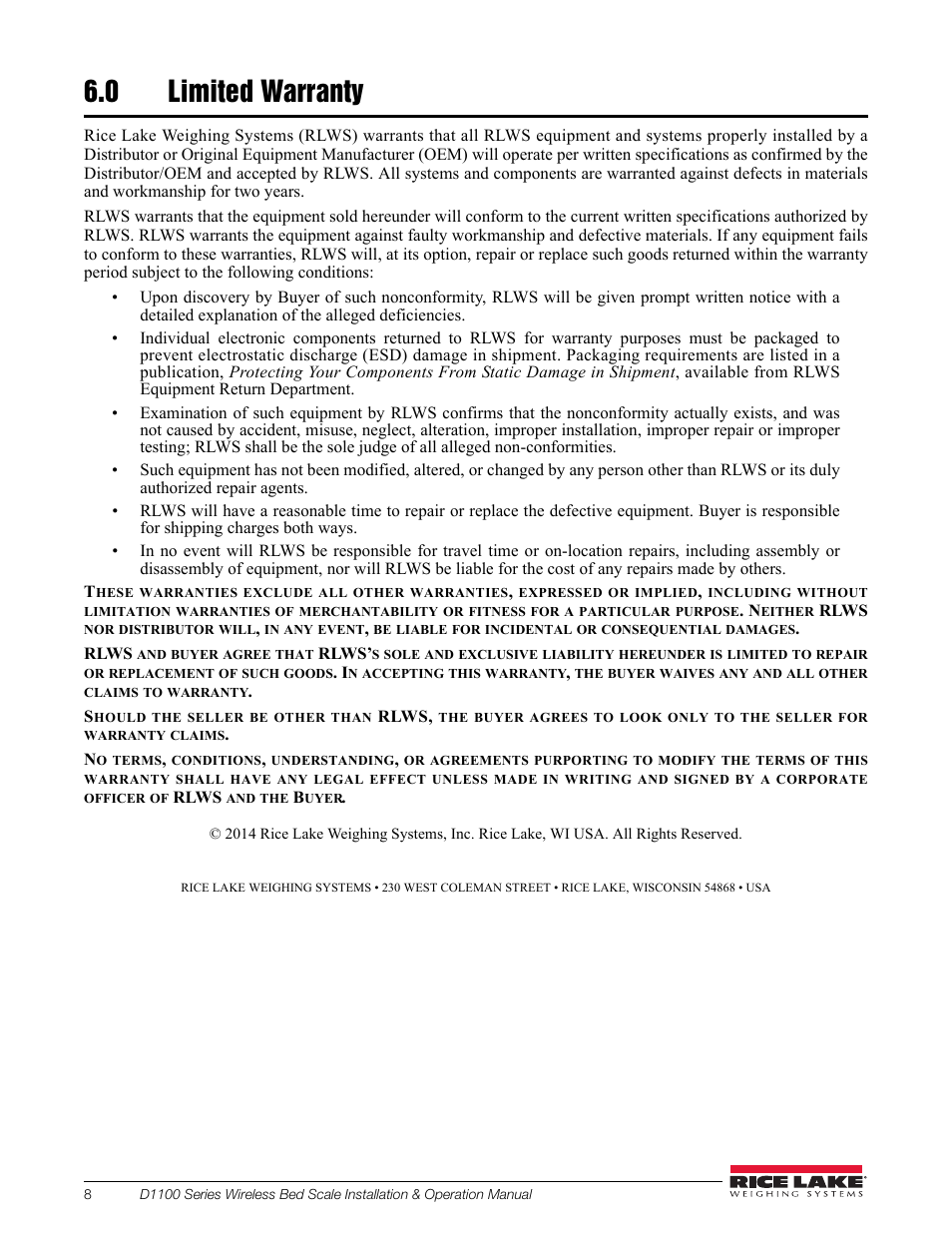 0 limited warranty, Limited warranty | Rice Lake Wireless Bed Scale D1100 Series User Manual | Page 12 / 14