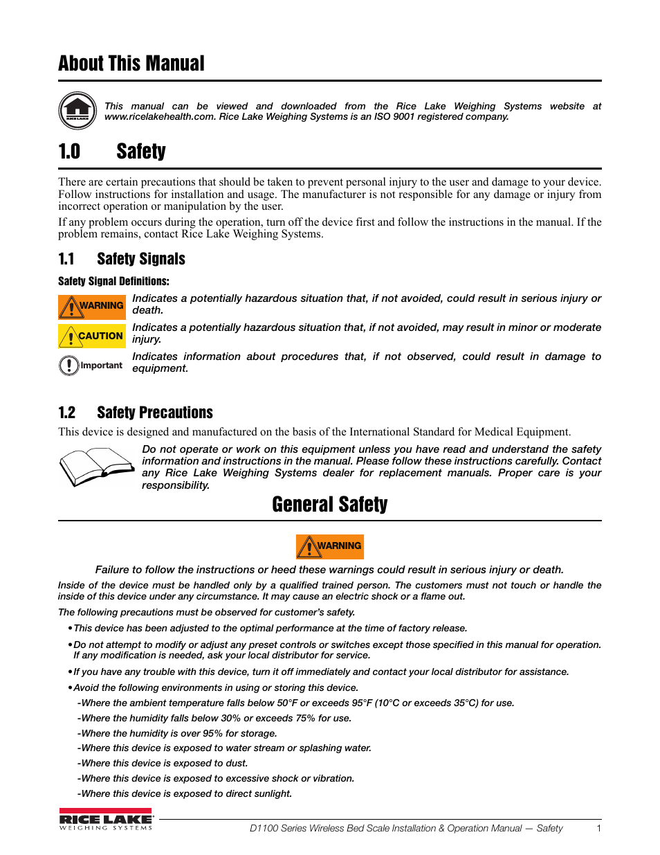 0 safety, 1 safety signals, 2 safety precautions | About this manual 1.0, Safety, 1 safety signals 1.2 safety precautions, About this manual, General safety | Rice Lake Wireless Bed Scale D1100 Series User Manual | Page 5 / 14