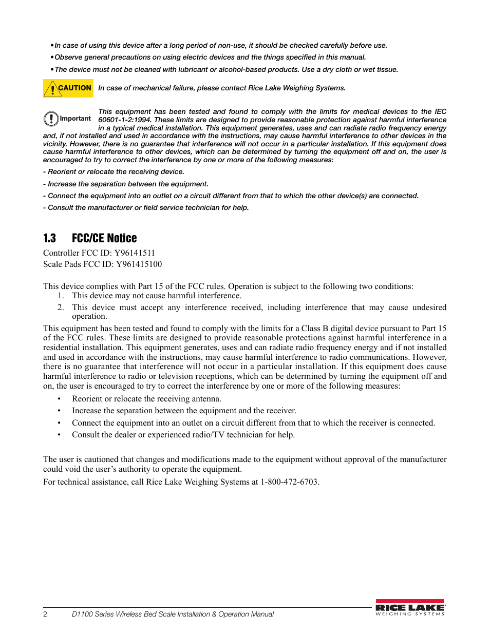 3 fcc/ce notice | Rice Lake Wireless Bed Scale D1100 Series User Manual | Page 6 / 14