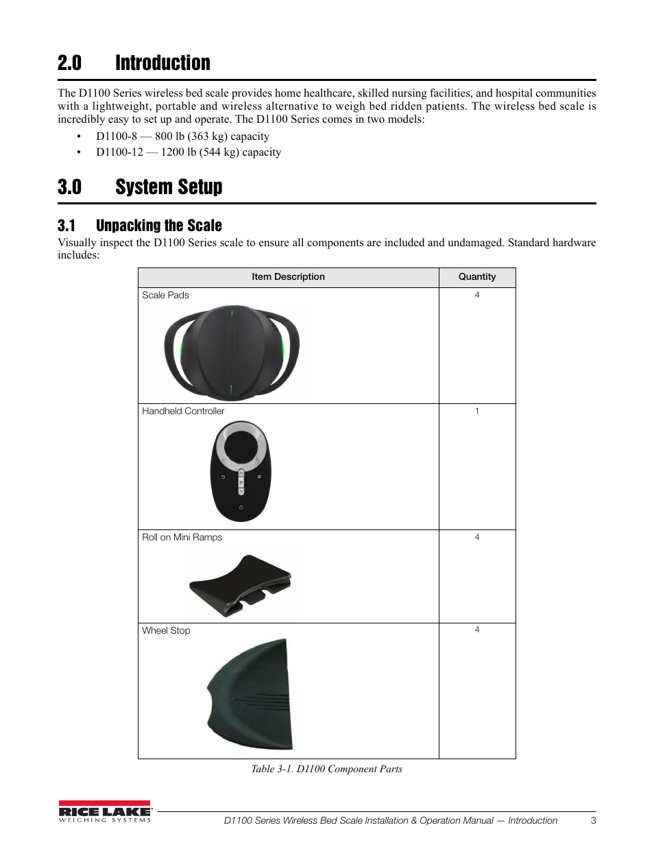 0 introduction, 0 system setup, 1 unpacking the scale | Introduction, System setup | Rice Lake Wireless Bed Scale D1100 Series User Manual | Page 7 / 14