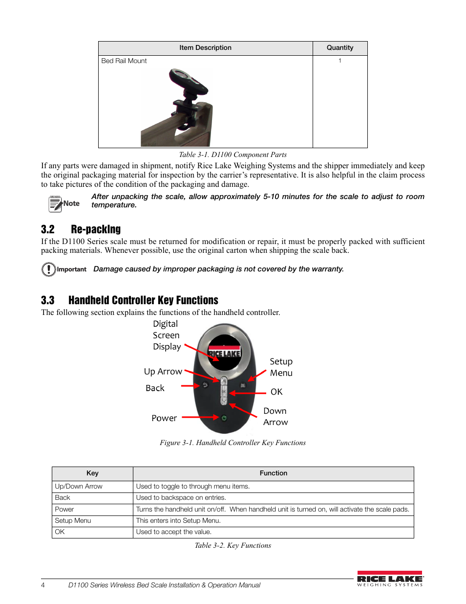 2 re-packlng, 3 handheld controller key functions, 2 repacklng 3.3 handheld controller key functions | Rice Lake Wireless Bed Scale D1100 Series User Manual | Page 8 / 14