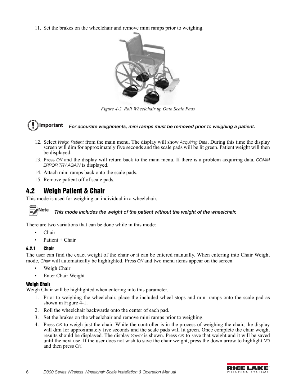 2 weigh patient & chair, 1 chair | Rice Lake Wireless Wheelchair Scale D300 Series User Manual | Page 10 / 16