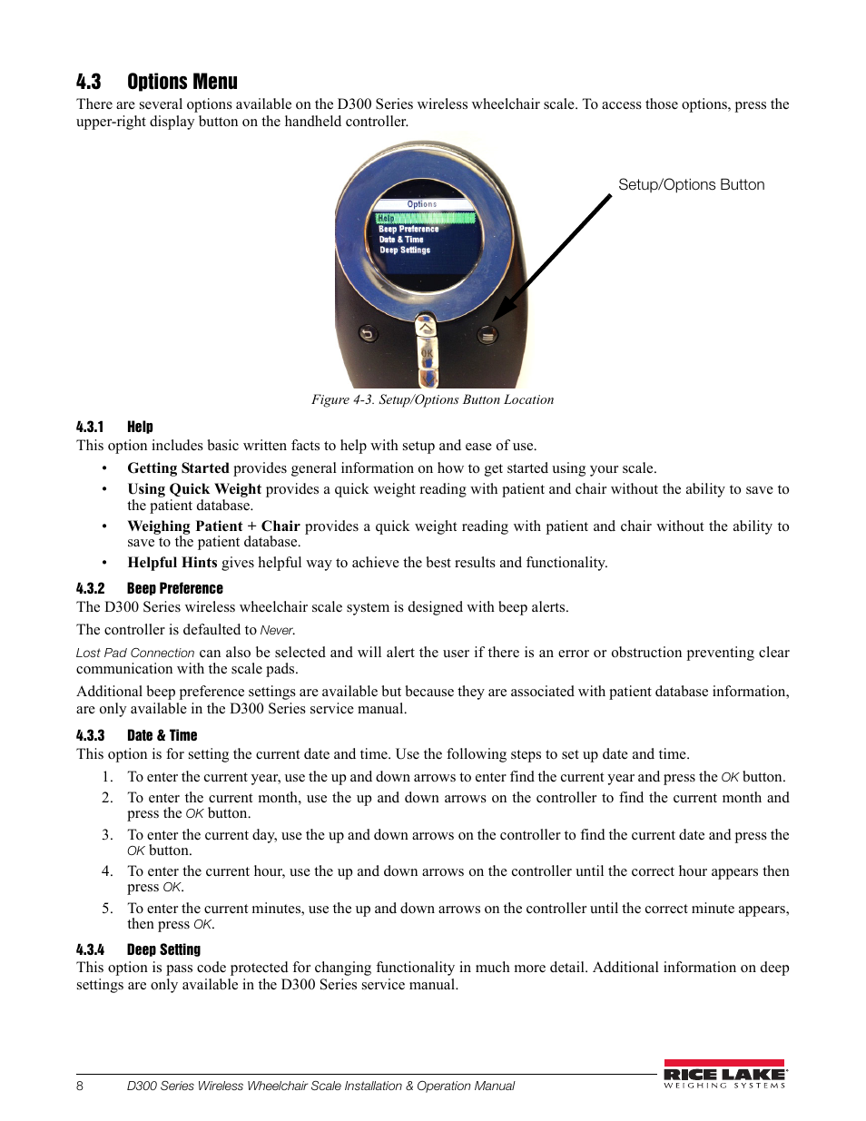 3 options menu, 1 help, 2 beep preference | 3 date & time, 4 deep setting | Rice Lake Wireless Wheelchair Scale D300 Series User Manual | Page 12 / 16